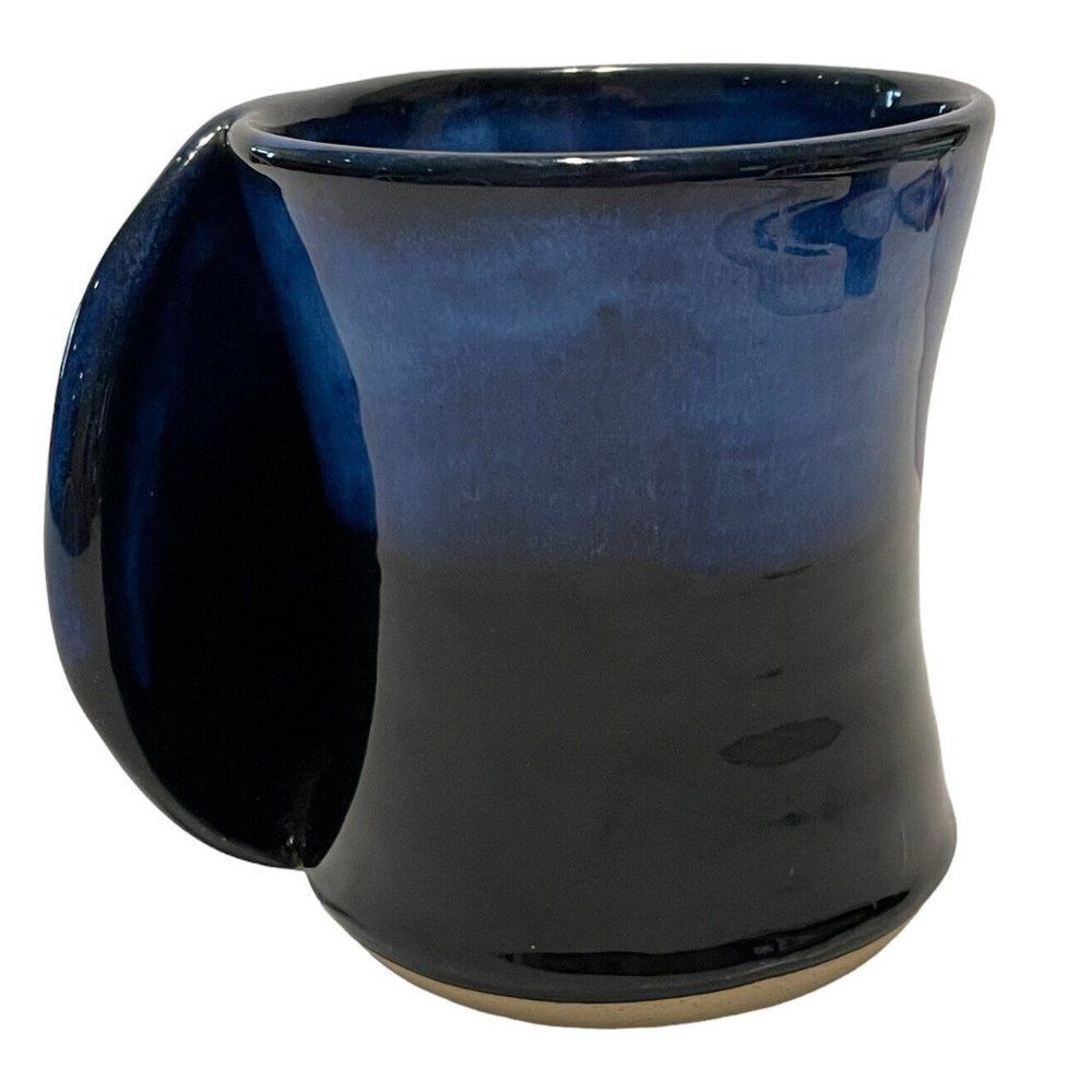 Signed Left Handed Ceramic Pottery HandWarmer Tea Coffee Mug Cup Blue Glazed